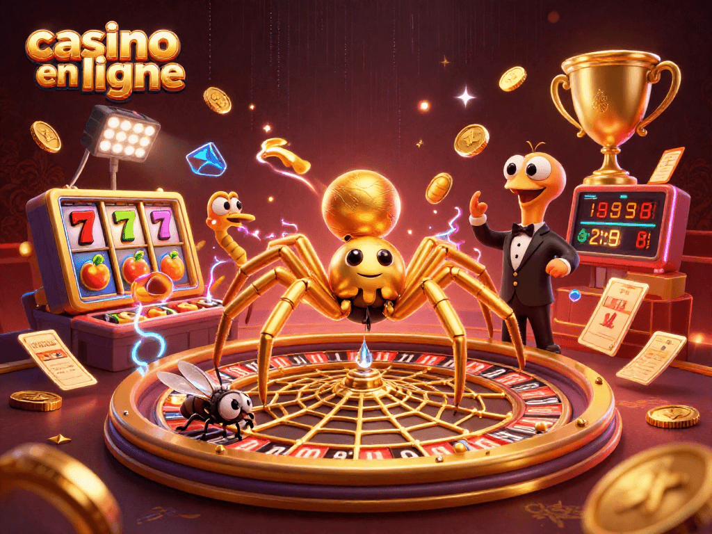 Un casino en ligne animé avec une araignée dorée et un croupier centipède entourés de jeux et de trophées.