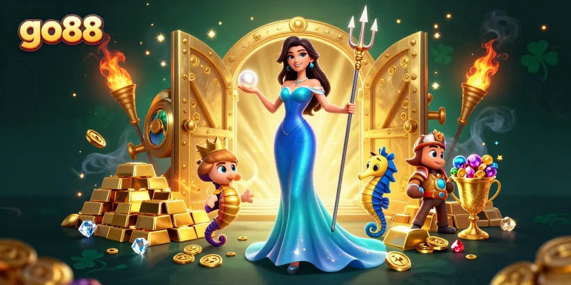 Join the excitement of go88 with a stunning illustration featuring a lovely gown, glowing pearl, and treasure in a vibrant 3D casino scene.