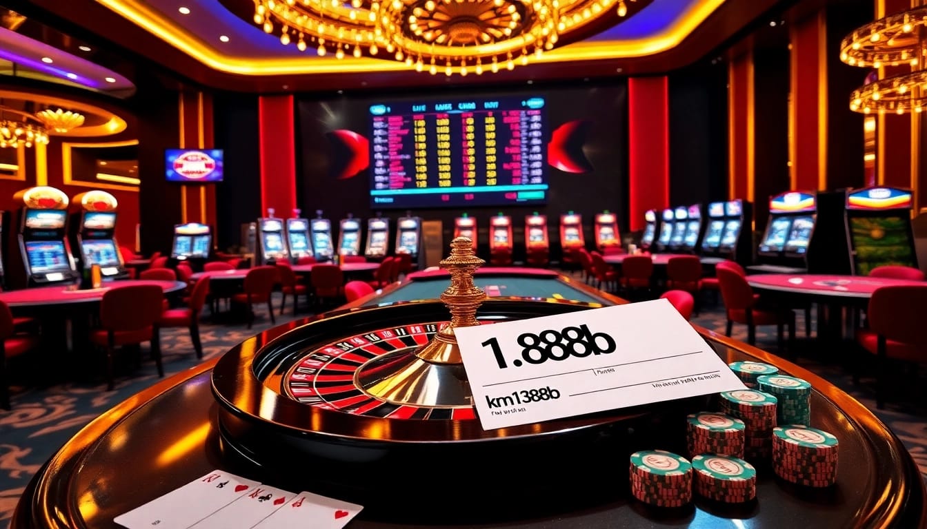 Experience the excitement at km1888b with a lavish casino setup showcasing thrilling roulette and poker.
