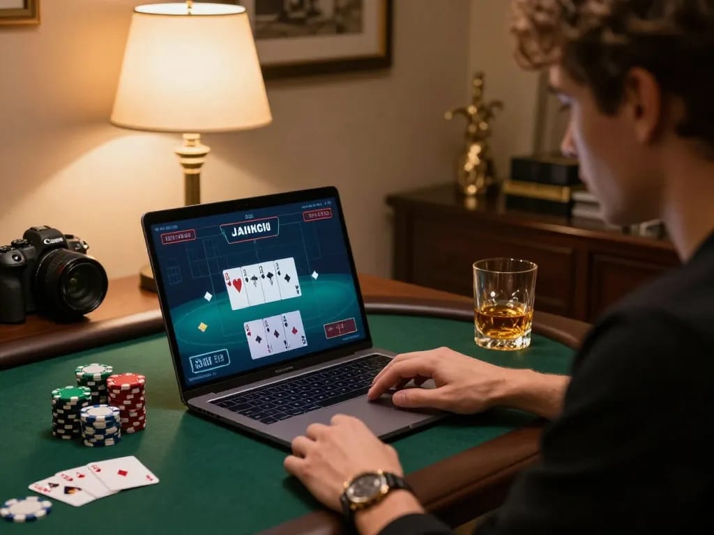 Pucuk138 online poker player winning with strategic hand on laptop in a stylish home office.