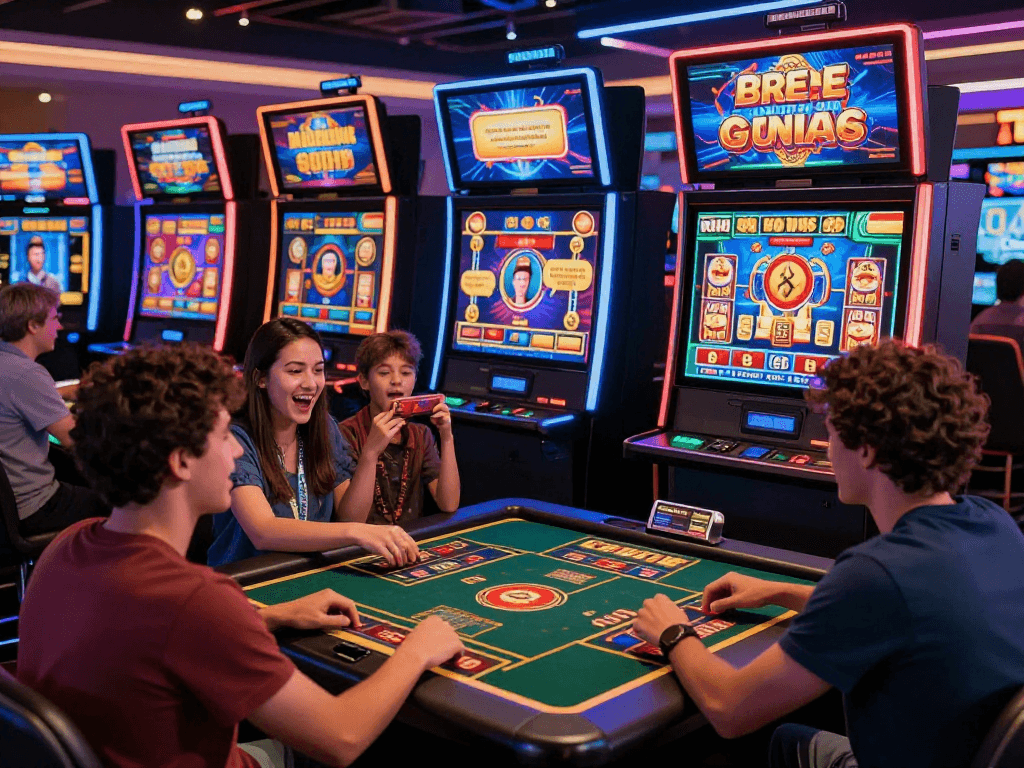 Excited players enjoying USA online casinos for UK users at https://aboutobo.com, showcasing colorful slot machines and live dealer games.