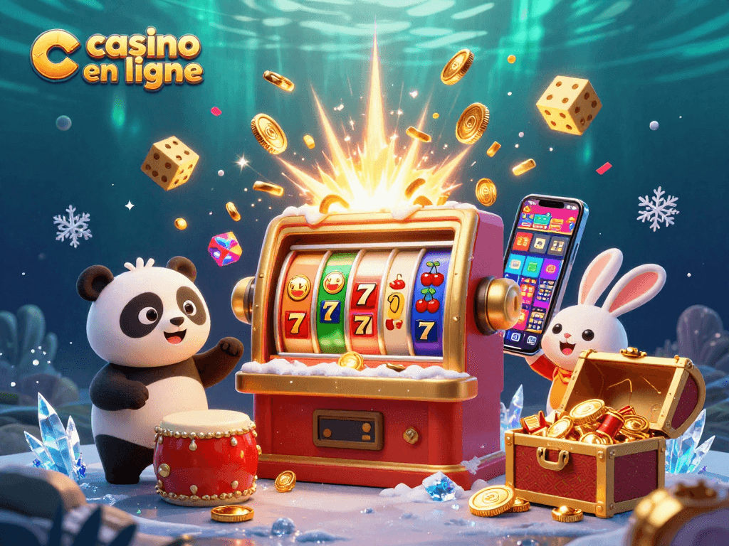 Gagnez en jouant aux machines à sous dans un casino en ligne dynamique, entouré de personnages festifs.