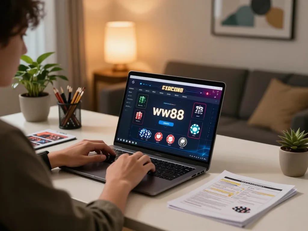 Join ww88's exciting online gaming experience on a cozy setup with strategy notes and chips