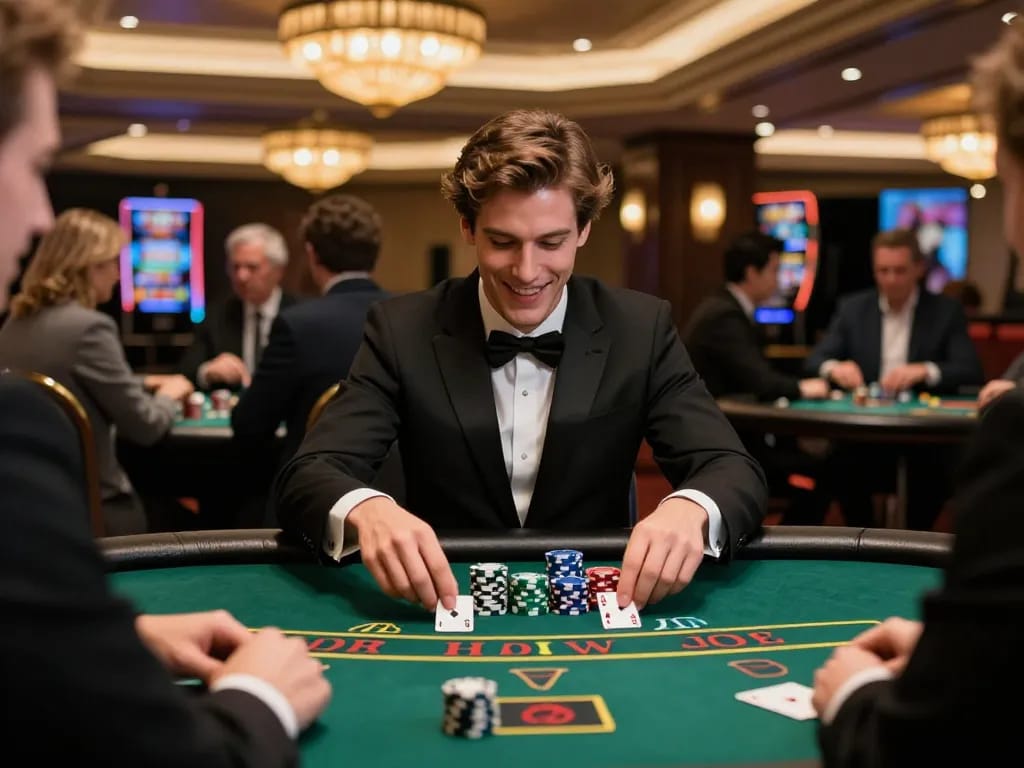 Engaged player at blackjack table showcasing lv88seo strategies in a luxurious casino environment.