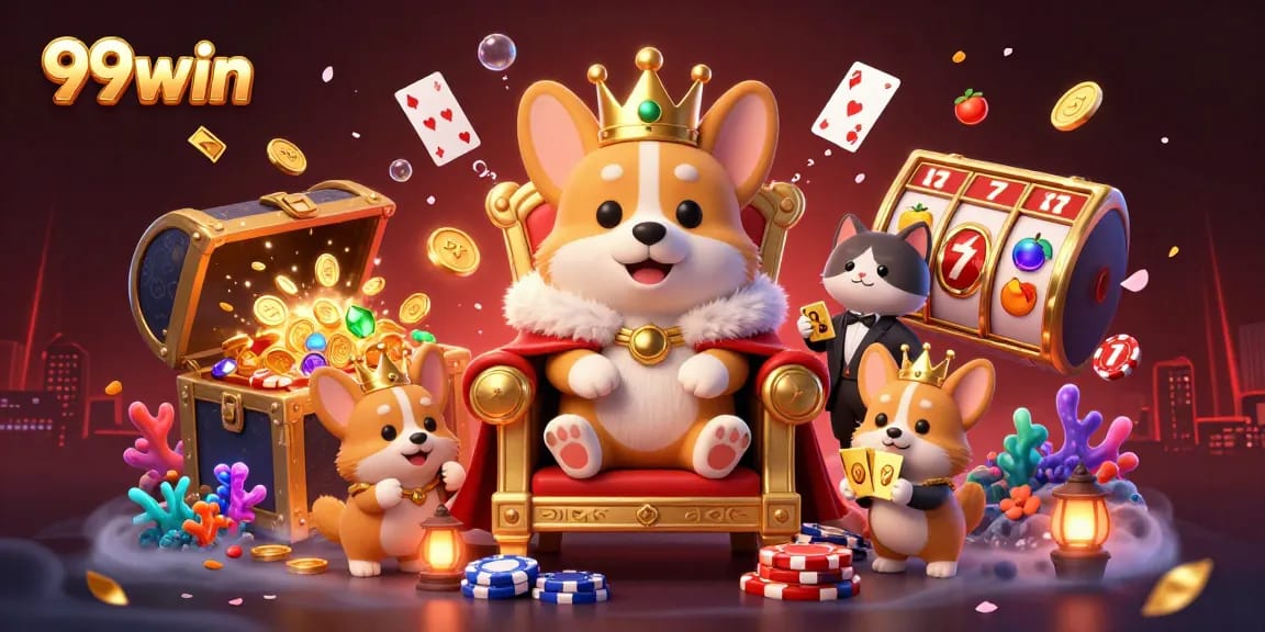 99win showcases a regal corgi on a poker chip throne amid vibrant gaming elements.