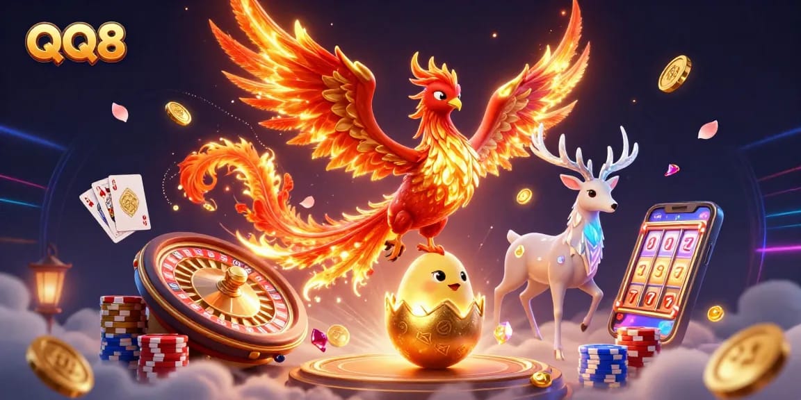 Experience thrilling wins at QQ8 with a dynamic scene featuring fiery symbols and rich gambling elements.