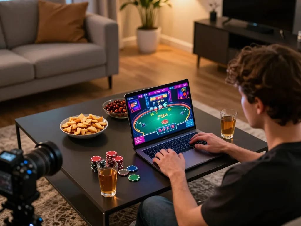 Engaging in online poker at home with gem 88 gaming interface on screen, showcasing snacks and drinks.