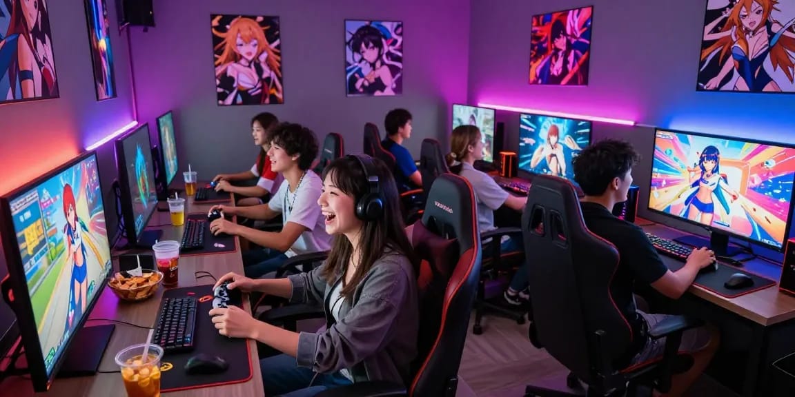 Engaged friends enjoying a hentai game in a vibrant gaming lounge environment.