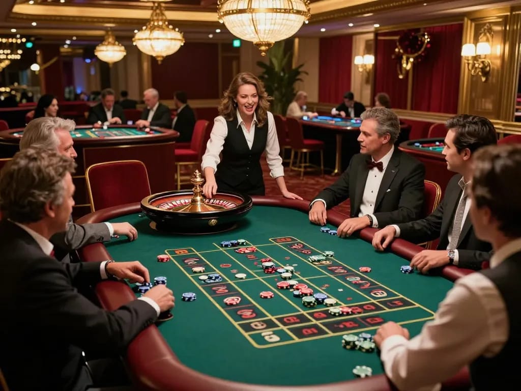 Hit club players placing bets at a roulette table, capturing excitement and luxury.