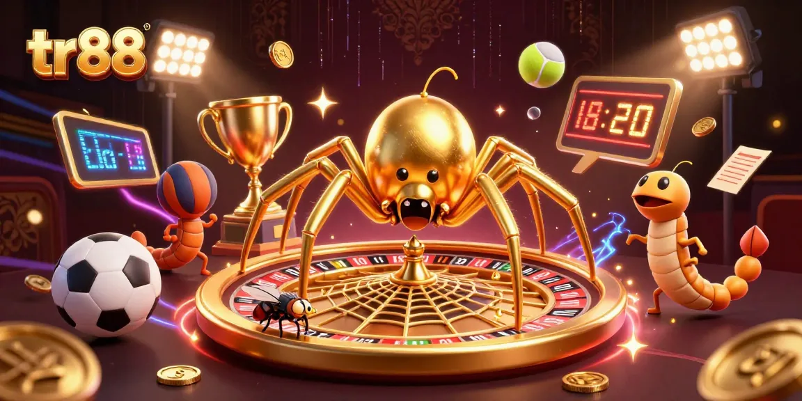 Engage in thrilling bets with tr88 as a golden spider spins a roulette web amidst dynamic casino elements.