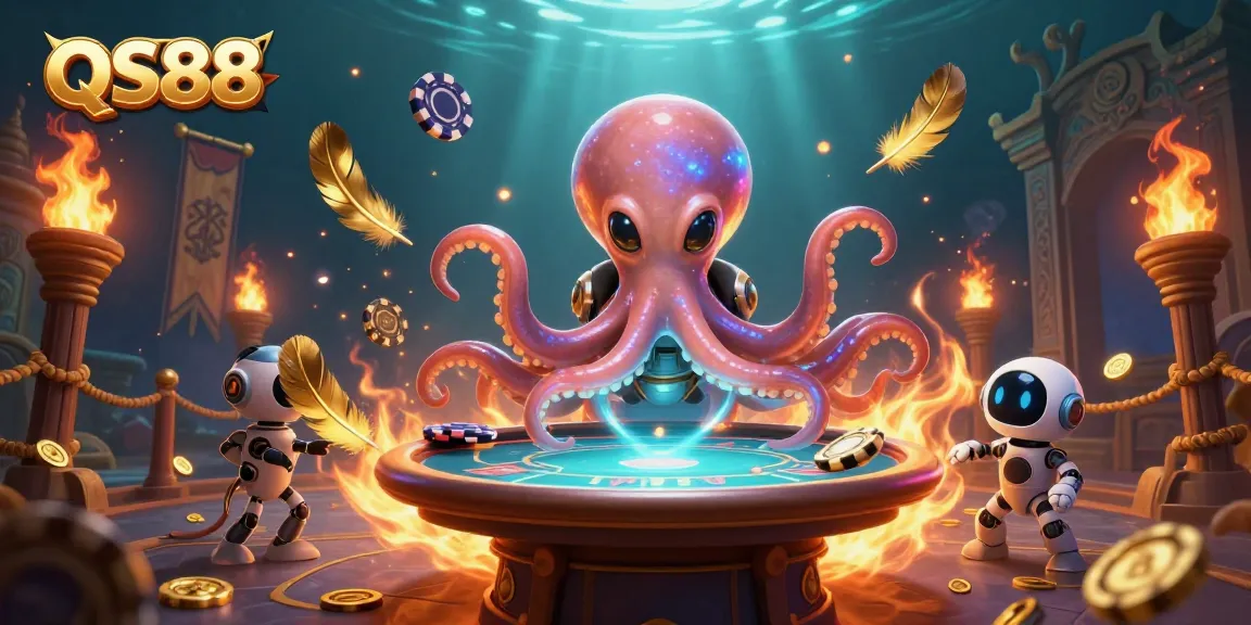 Engage in thrilling poker action with QS88, featuring an alien octopus and robot, highlighting colorful casino elements.