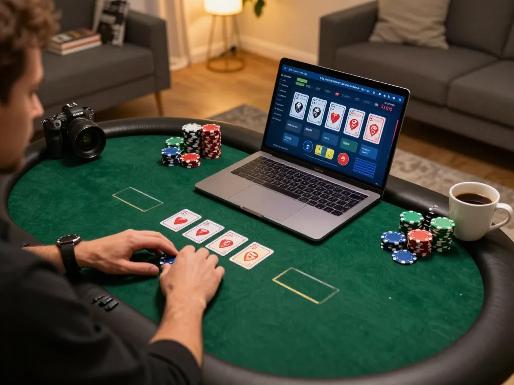 Engaged player at home using house laptop for online casino gaming at nhà cái uy tín Sunwin.