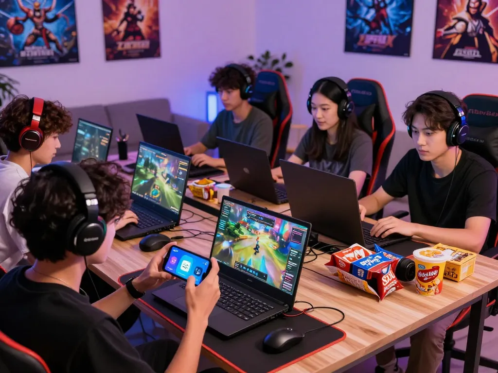Players engaging with devices to tải sunwin app in a vibrant gaming room.
