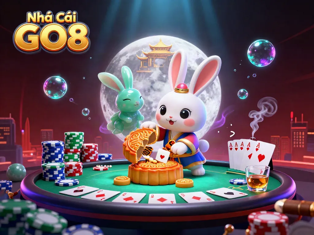 Engage in thrilling games at Nhà Cái GO8, where cartoon moon rabbits reveal poker chips and excitement!
