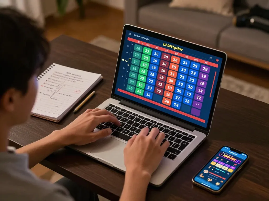 Engaging in lô đề trực tuyến with a laptop in a cozy setting, highlighting strategic gameplay.