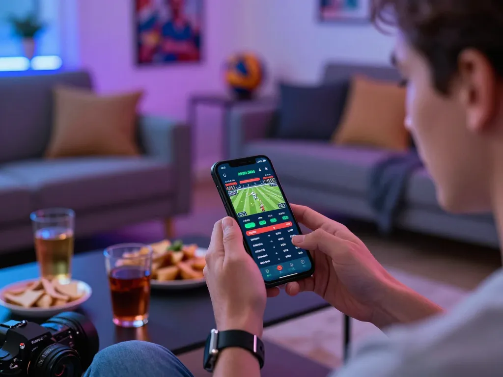Engaging in sports betting on smartphone with rik88 app showcasing live odds and games in a cozy environment