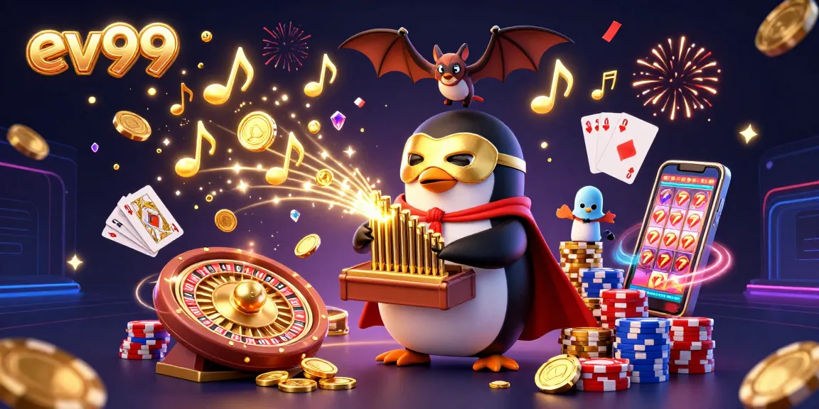 ev99 ignites excitement with a 3D casino scene featuring a golden penguin at a dynamic gaming hub.