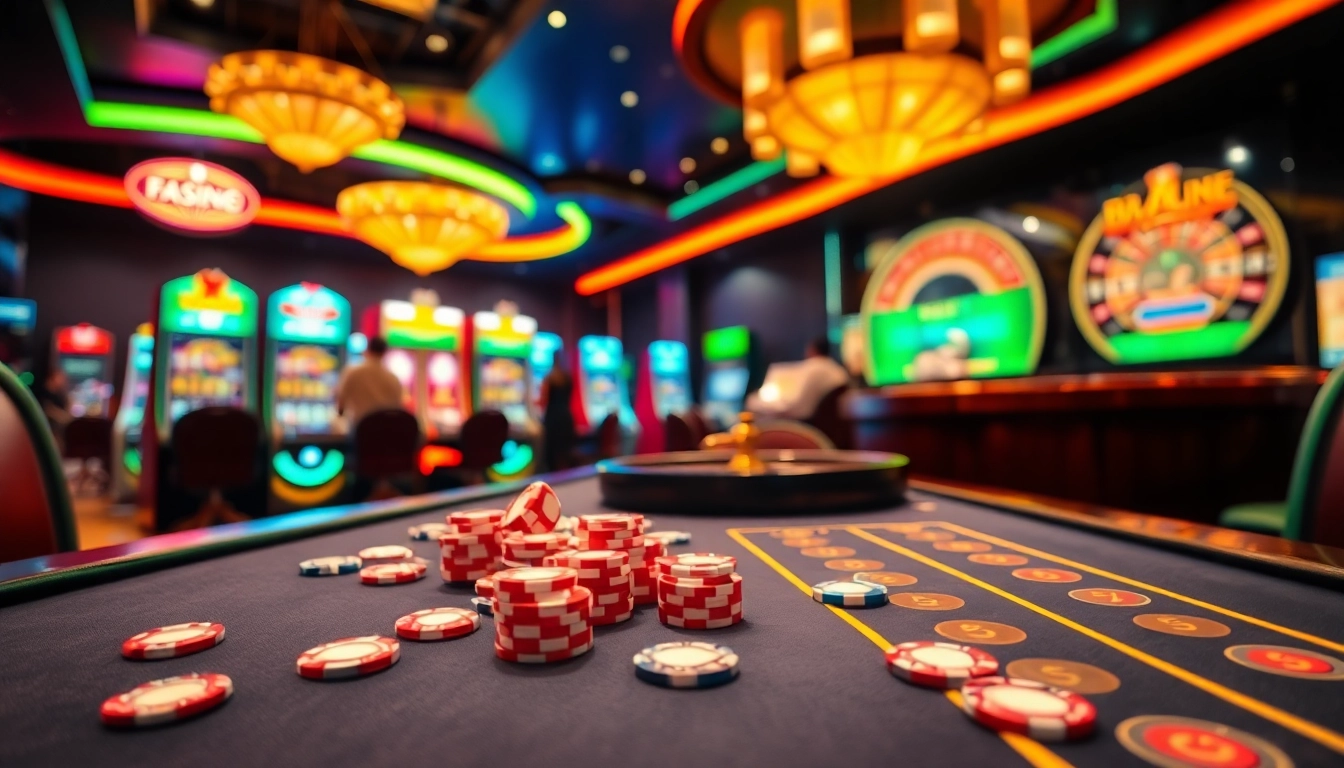 Experience the thrill of km1888b with vibrant casino scenes featuring gaming tables, slot machines, and roulette wheels.