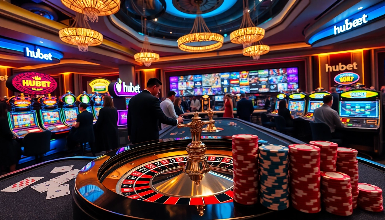 hubet players enjoying a thrilling game at a vibrant online casino table with colorful chips and cards.