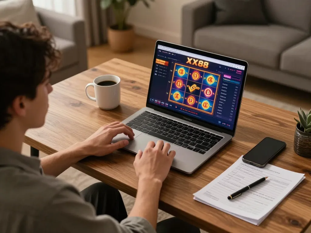 Engaging in online gambling at XX88 with an active slot game on display in a cozy home setting.