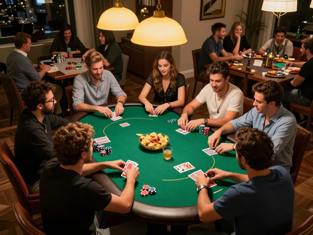 Xoilac poker night with friends sharing strategic moments and lively conversation over a green felt table.
