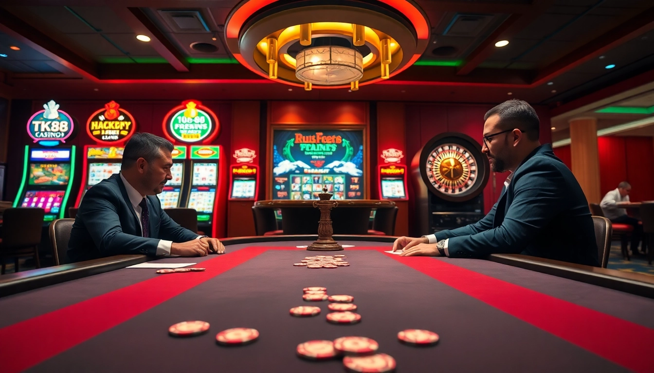 Exciting gameplay at TK88 Casino with poker chips, roulette wheel, and vibrant slots.