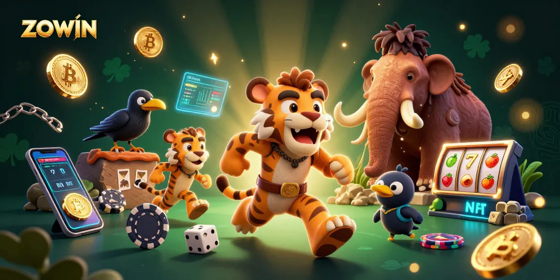 ZOWIN casino scene featuring engaging prehistoric characters with slot reels, crypto coins, and vibrant decorations