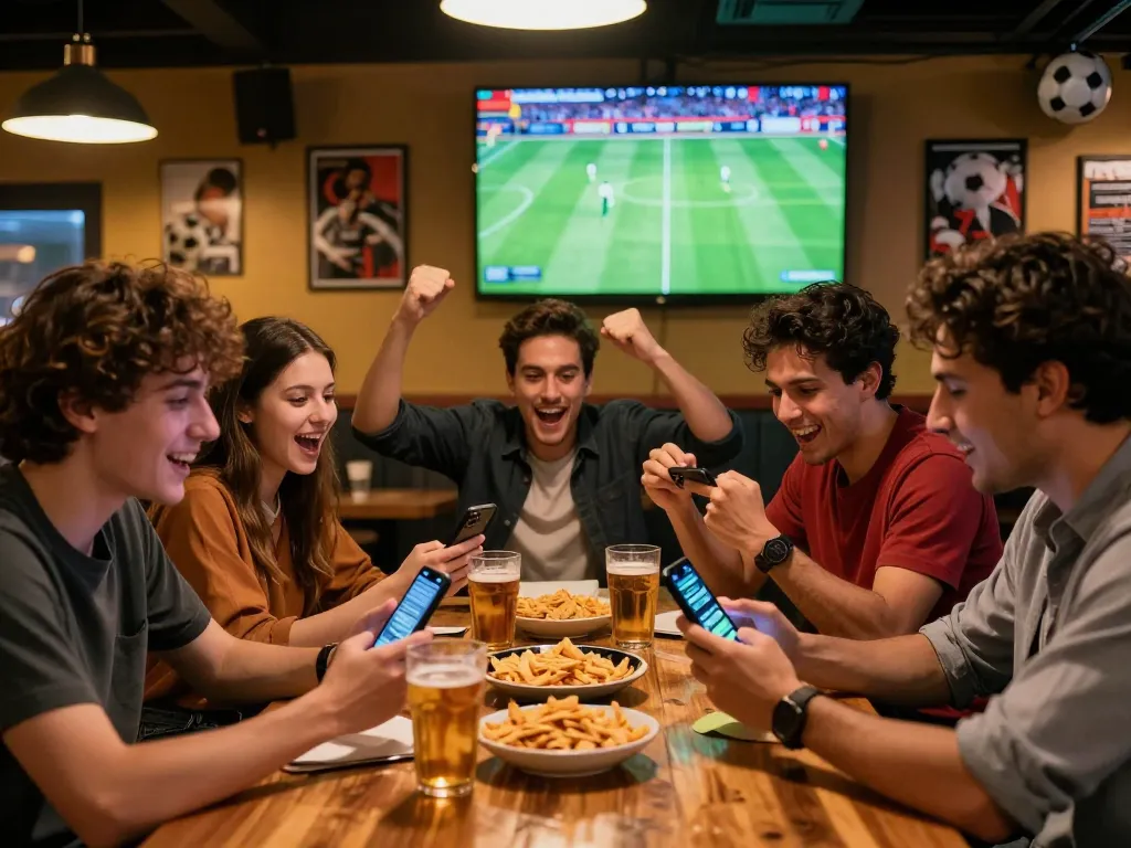 Tỷ lệ kèo nhà cái hôm nay highlighted as friends engage in sports betting while watching a football match