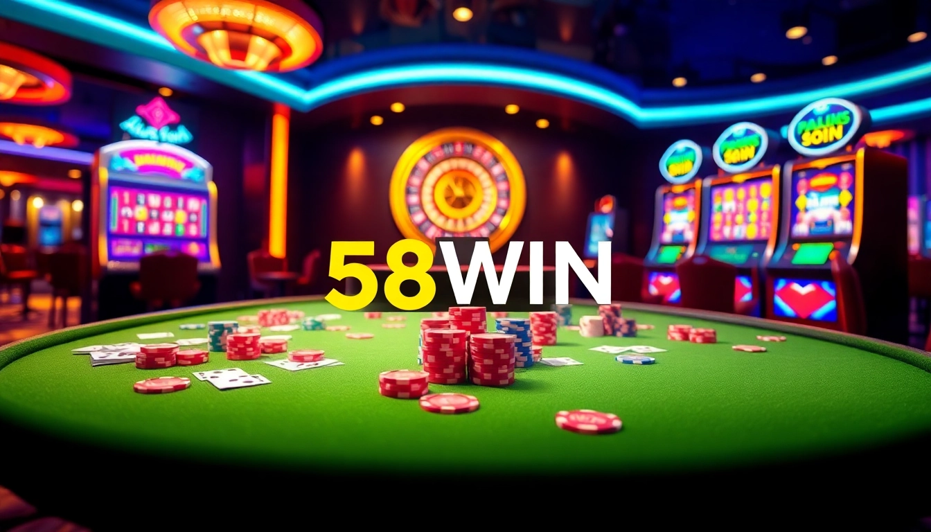 Players enjoying the thrilling atmosphere of 58WIN casino with poker chips and slot machines.