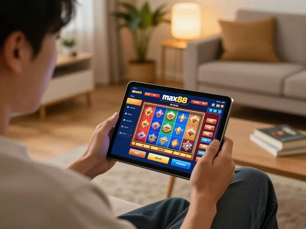 Player engaging with the max88 online casino interface, showcasing dynamic betting options in a cozy home setting.