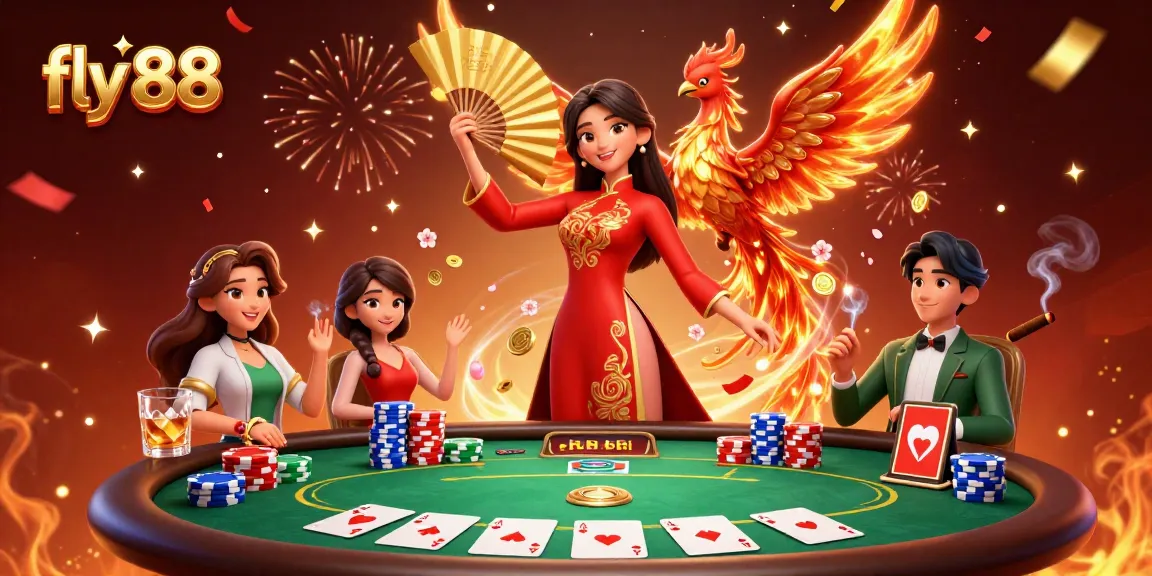 Win big at fly 88's dynamic poker scene, featuring a graceful woman and fiery phoenix.