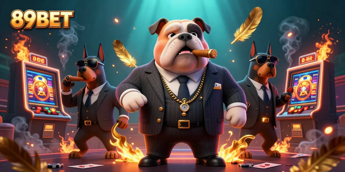 Play exciting games and win big with 89BET in this vibrant casino scene featuring a cartoon mafia bulldog.