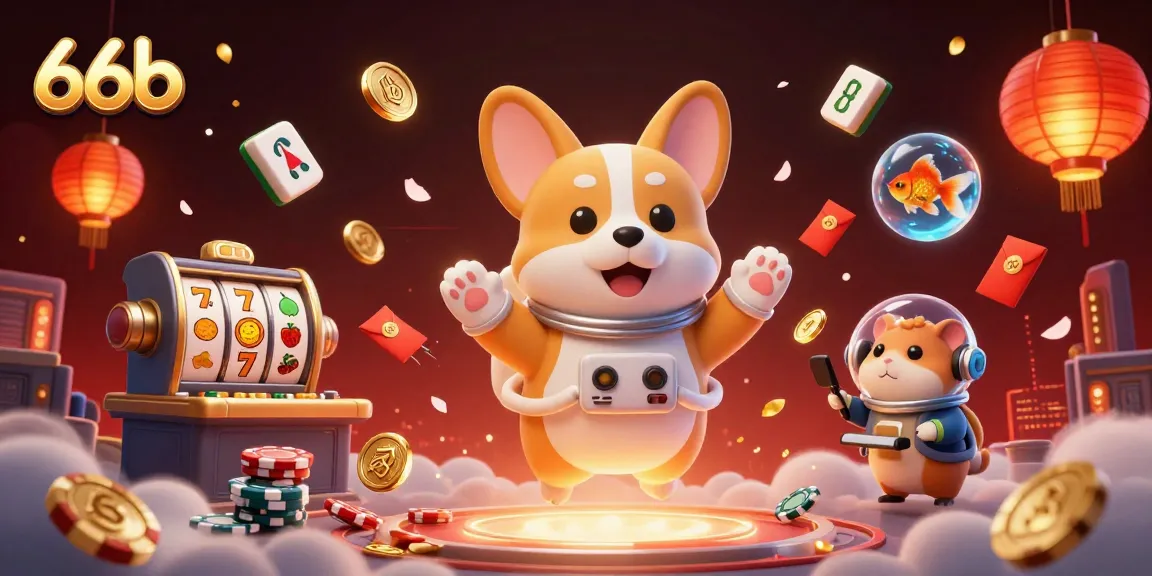 Engage with the 66b gambling universe in a vibrant illustrated casino scene, featuring floating poker elements and playful characters.
