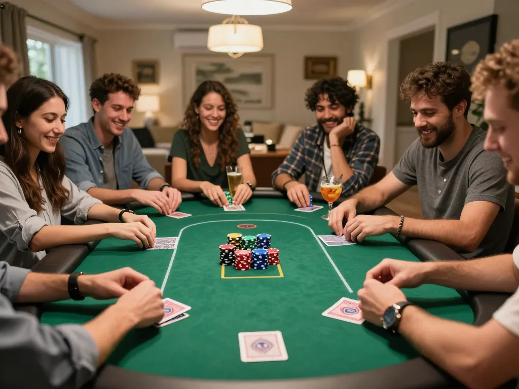 Engaged friends enjoying a lively LC88 poker night with cards and chips visible in the illuminated setting