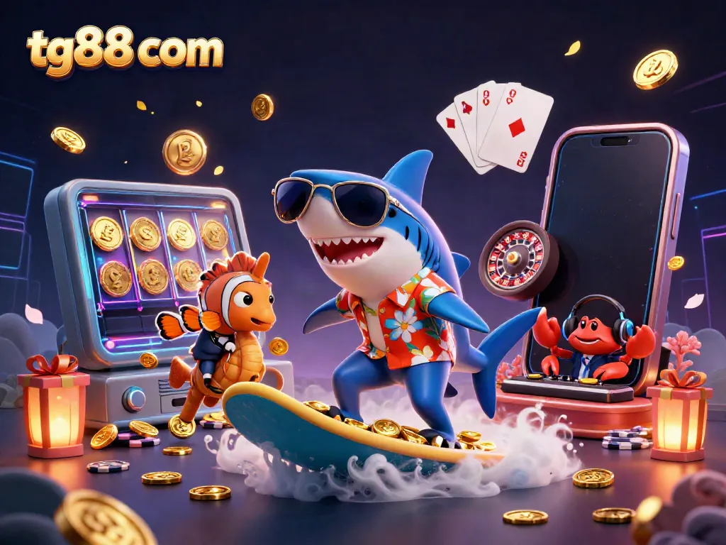 Experience thrilling gameplay at tg88 com with a dazzling scene of a shark surfer, a tuxedo clownfish, and a DJ crab amidst gold coins and gaming elements.