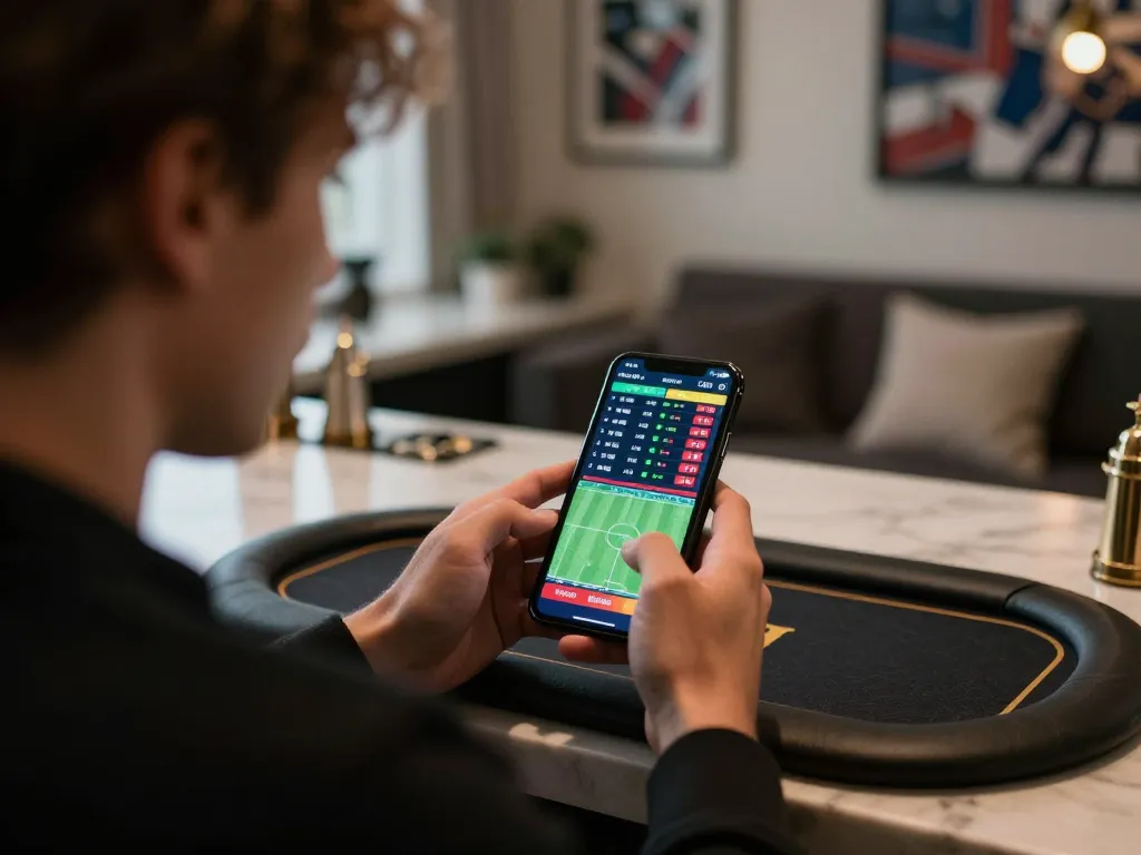 Engaging live betting experience using SC88 smartphone app at stylish home bar during sports event