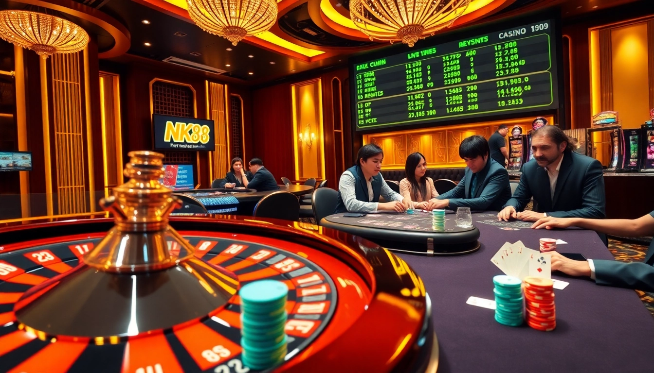 Players enjoying high-stakes games at NK88 casino, highlighting vibrant poker chips and roulette wheel.