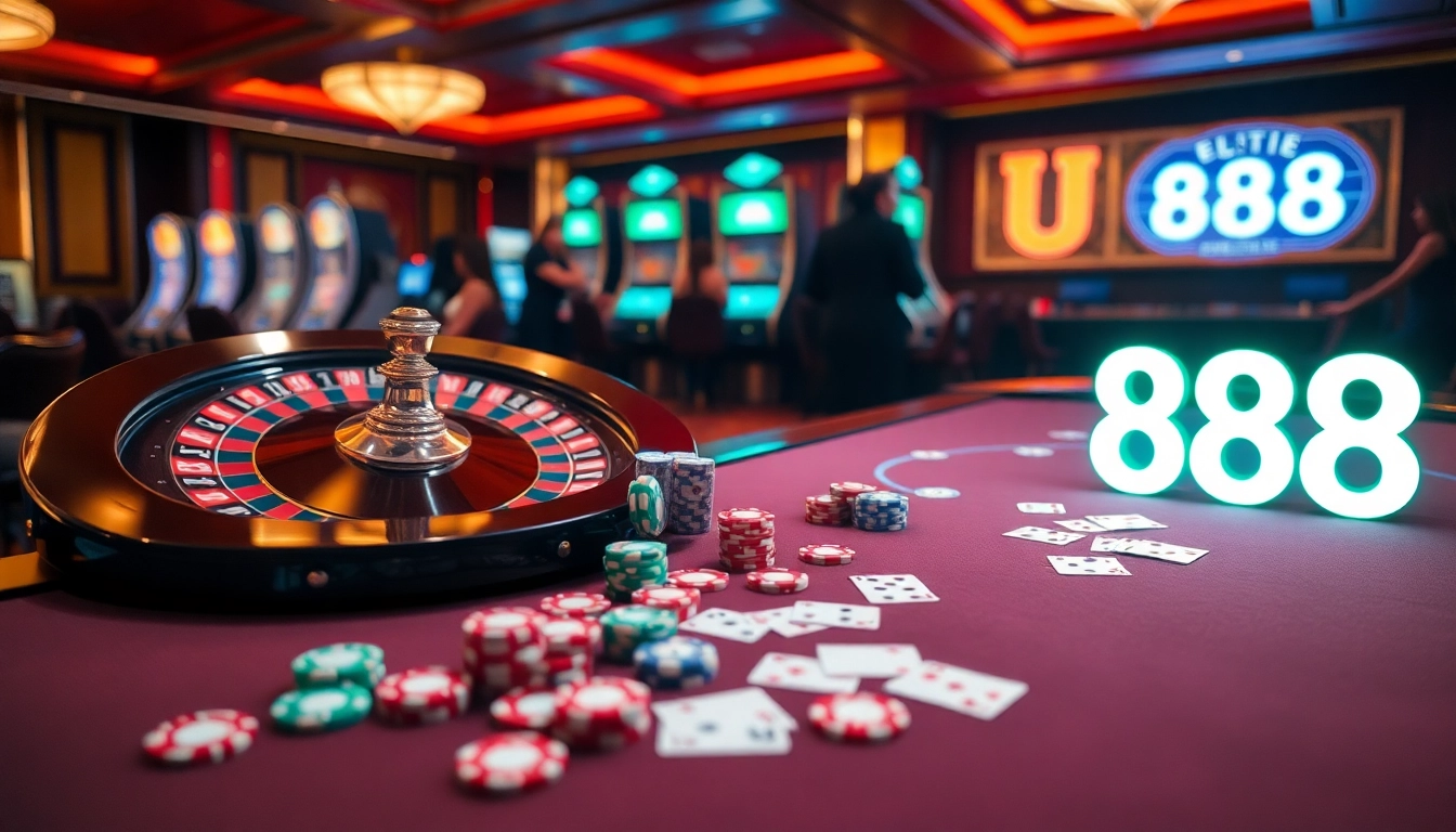 Experience the excitement of U 888 with a vibrant casino scene of poker chips and roulette.