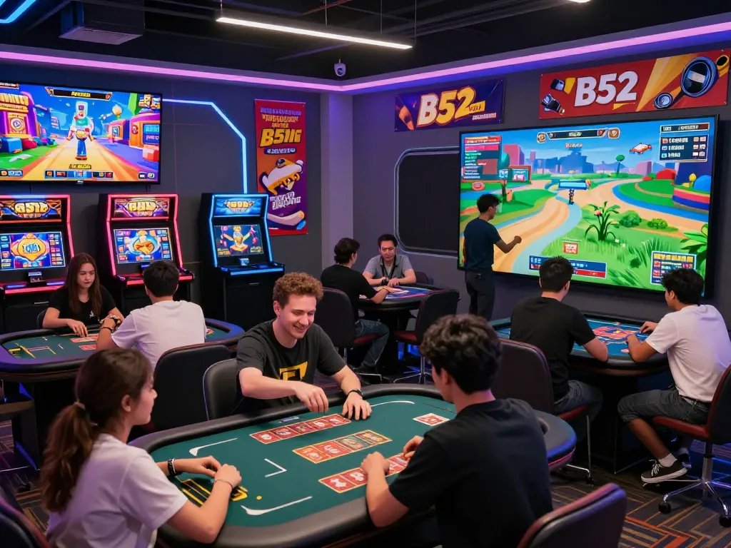 Exciting B52 gaming platform with players enjoying 3D games, live dealers, and vibrant atmosphere.