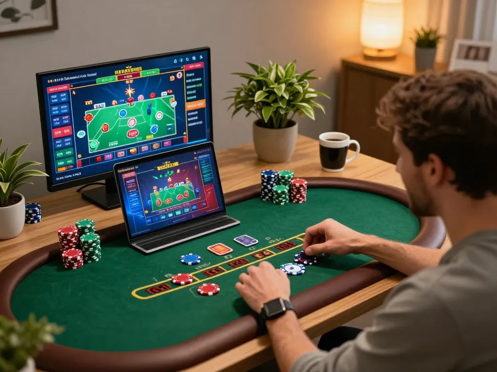 Player enjoying an exciting live dealer blackjack game on vin88, celebrating a winning hand with colorful graphics and chips.