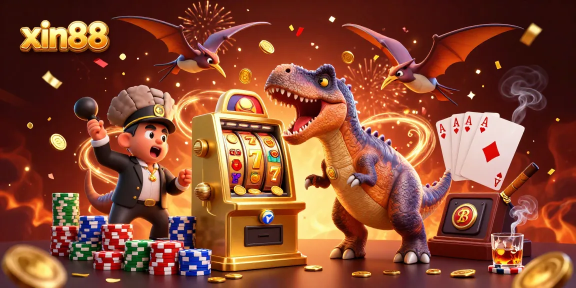 xin88 thrills players as a pachycephalosaurus headbutts a golden slot machine amidst flying coins.