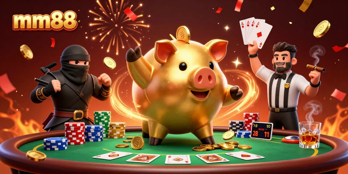 Experience epic wins at mm88: a sumo wrestler piggy bank shakes loose coins and celebrates with vibrant gaming elements.
