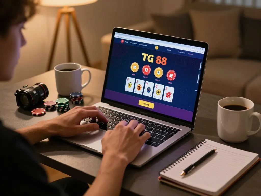 TG 88 player engaged in online casino gaming at home with strategy notes