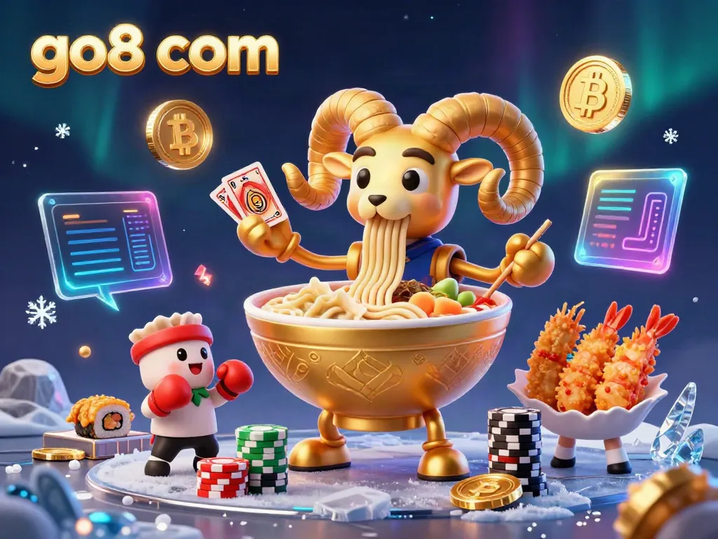 Engage with go8 com in a vibrant cartoon world where a giant ramen bowl deals cards and stacks chips amidst neon crypto coins.