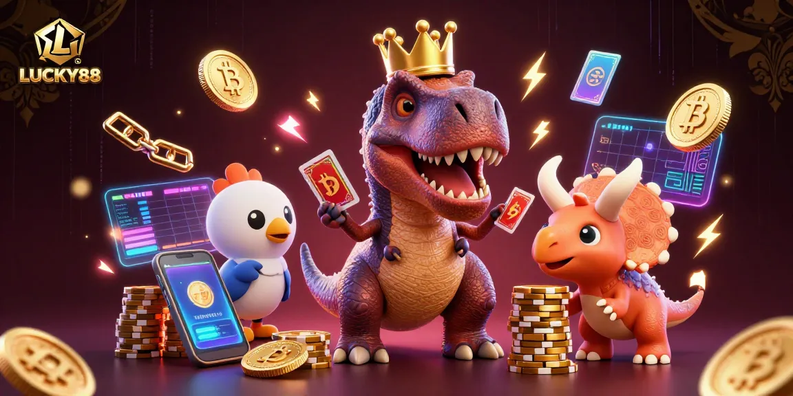 LUCKY88 game characters shuffle cards and stack chips in a vibrant casino scene.