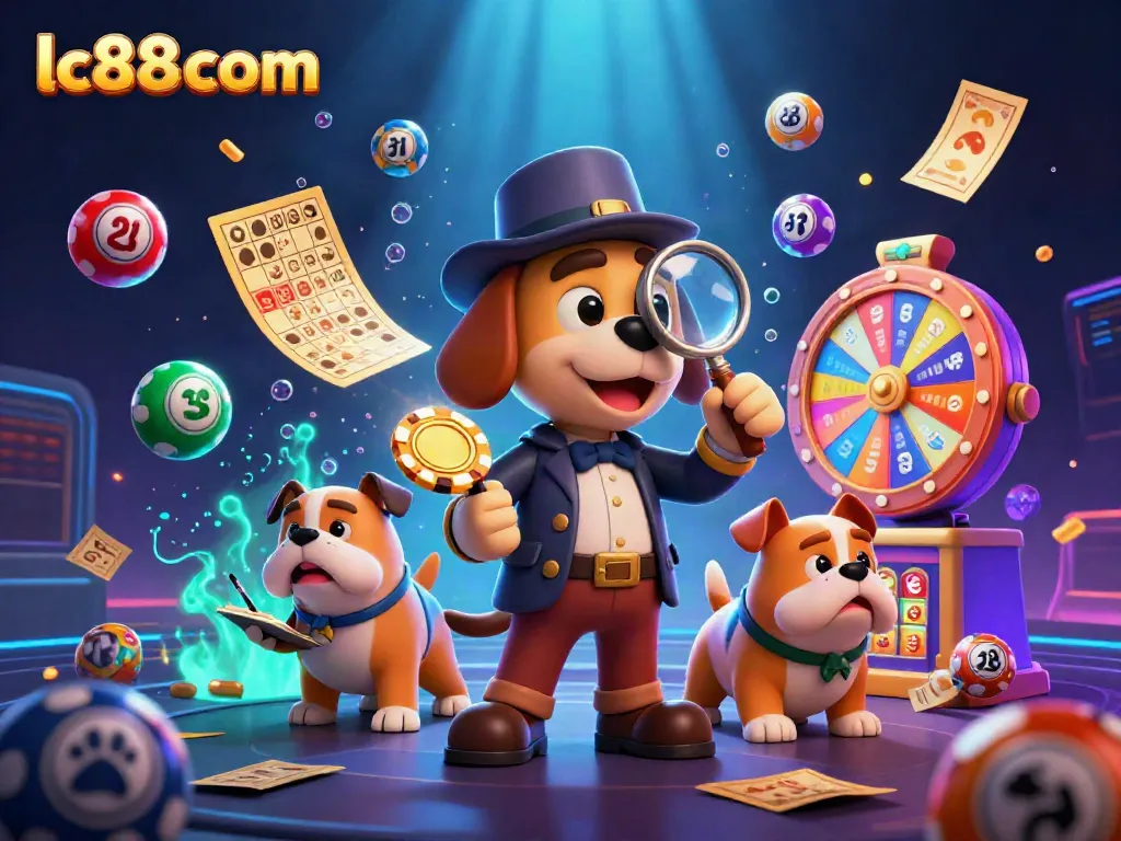 Join the fun at lc88 com with a detective and dog tracking golden poker clues amidst vibrant game elements