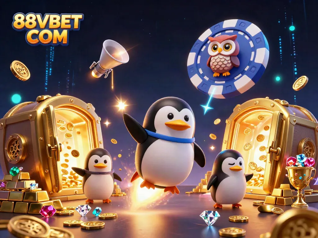 Experience the thrilling adventure of 88VBET COM with a golden penguin entering a casino spaceship, surrounded by treasures.