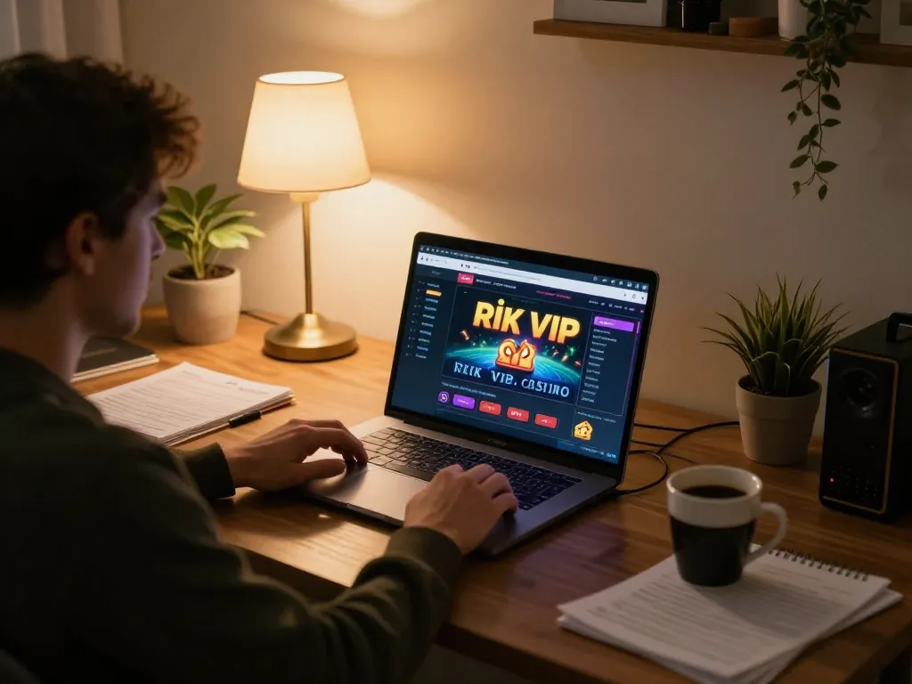 Engaging in rik vip online gaming at a cozy home workspace with a laptop, coffee, and gaming notes