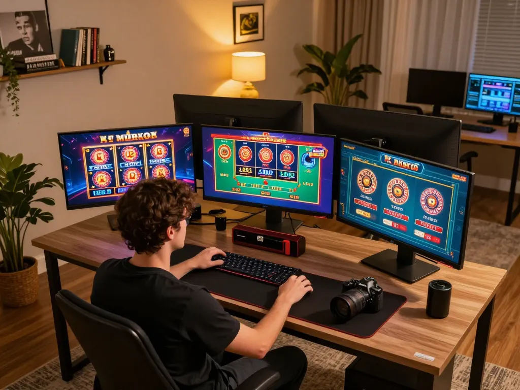 Engaging in strategic online gaming at home with f8betz interface showcased across multiple screens.