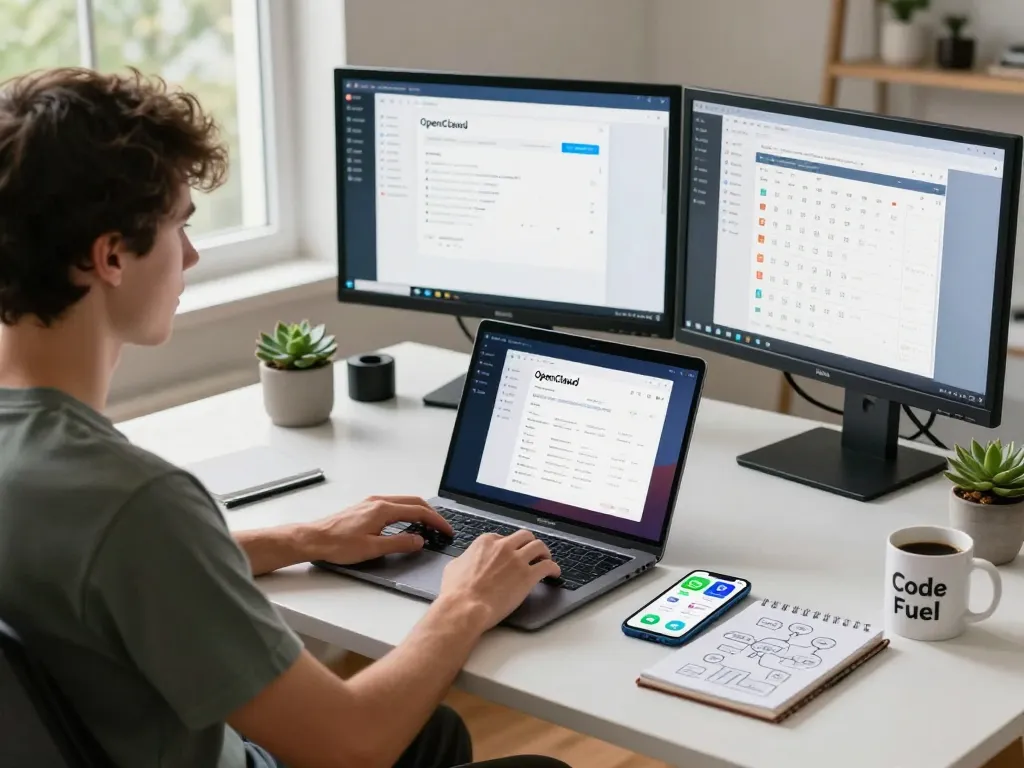 Clawbot integration in a modern home office with productivity tools and messaging apps.